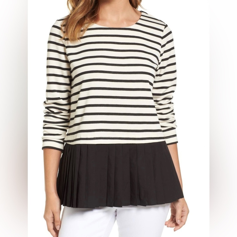 Pleione | Pleated Black & White Stripe French Terry Top Sz L